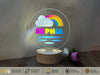a glass globe with the word sophia on it
