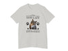 a white t - shirt with a cat saying it&#39;s not lazy, just