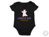 a black baby bodysuit with a ghost on it