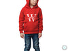 a young boy wearing a red hoodie with the words william w on it