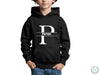 a young boy wearing a black hoodie with the letter p on it