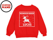 a red sweatshirt with a reindeer on it